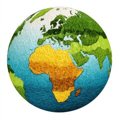 Illustrated Globe Depicting Continents in Green and Yellow Surrounded by Blue Oceans