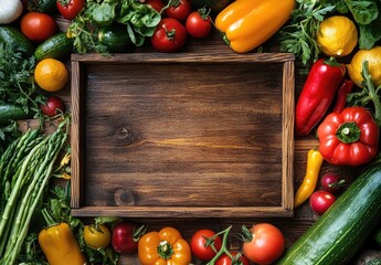 Assorted colorful vegetables surround wooden tray on dark rustic table, top view, healthy eating scene.