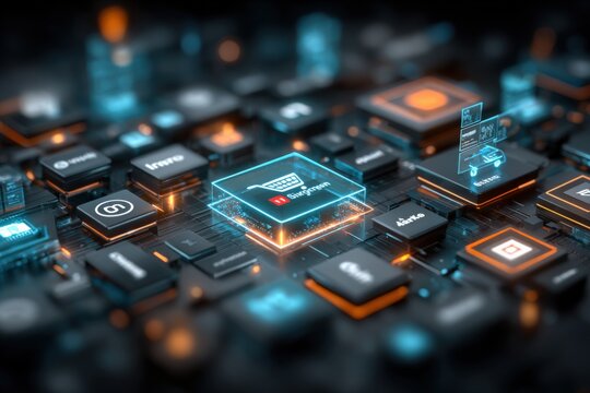 Hightech futuristic computer motherboard with glowing microchip holograms and digital interface elements for technology innovation and data processing