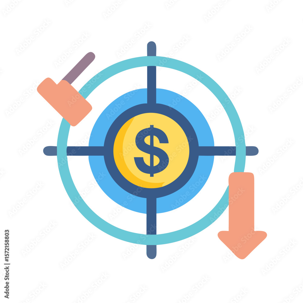 Poster decreasing dollar value towards target in flat vector art