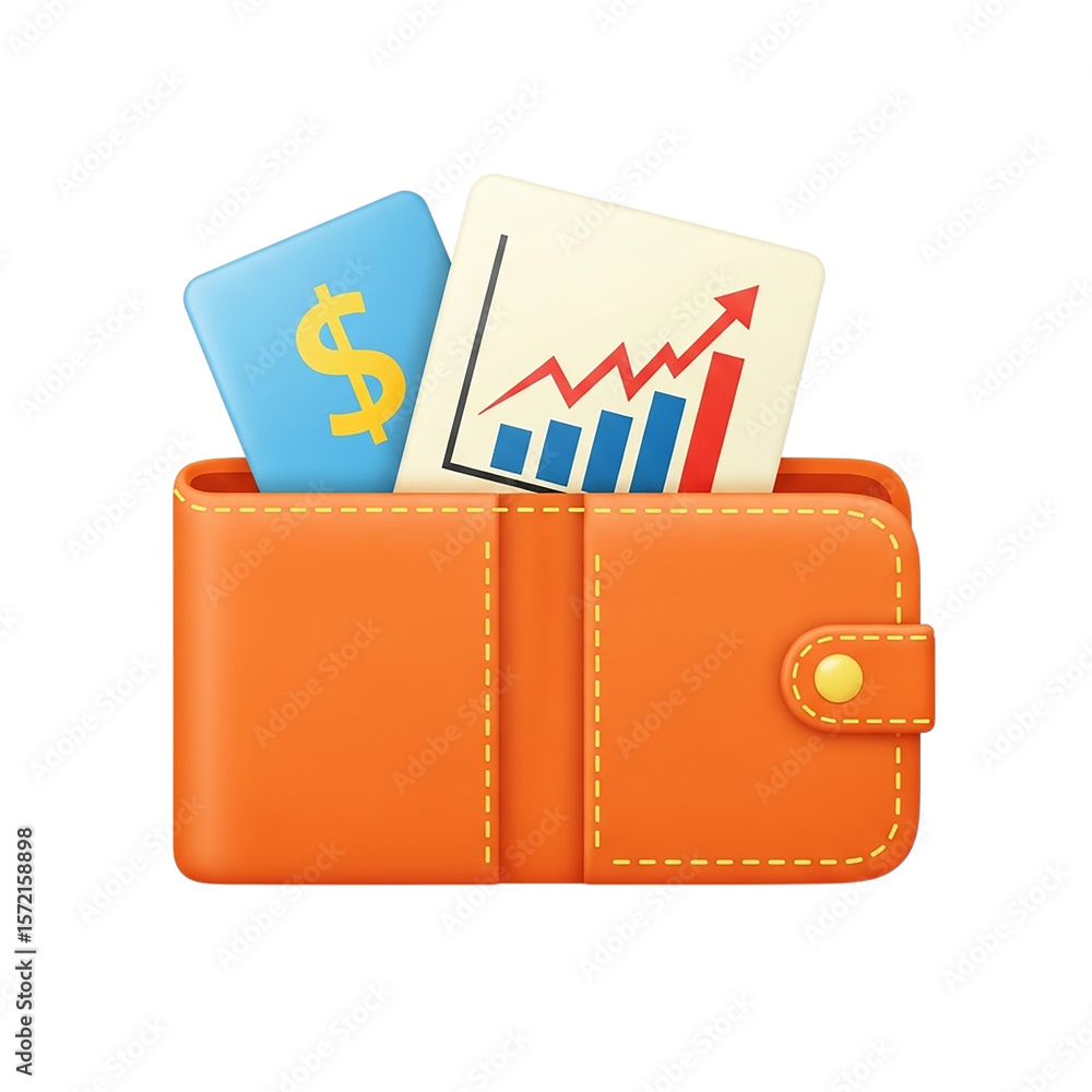 Poster 3d illustration of an orange wallet contains a dollar sign and a growth chart 3d rendering, conceptu