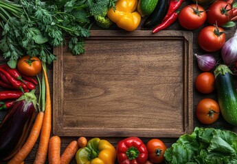 Fresh Vegetables Surround Cutting Board on Wooden Table, Ready for Preparation