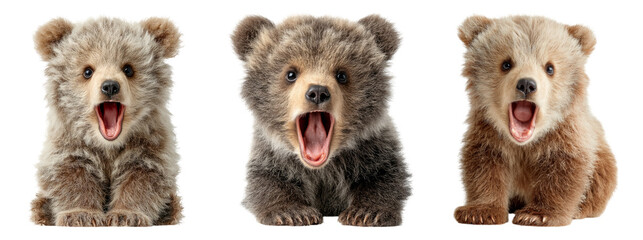Three Adorable Bear Cubs with Open Mouths on Transparent Background