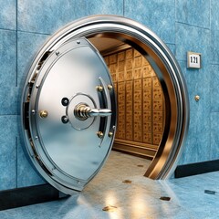 Inside Bank Vault Featuring Metallic Doorway and Gold Bars in Safety Deposit Box