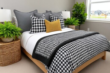 Inviting Bedroom with Black and White Bedding Mustard Pillow and Natural Light