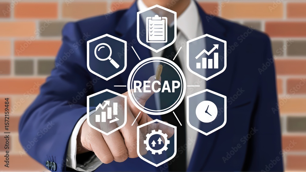 Poster businessman pressing virtual recap button on a digital interface
