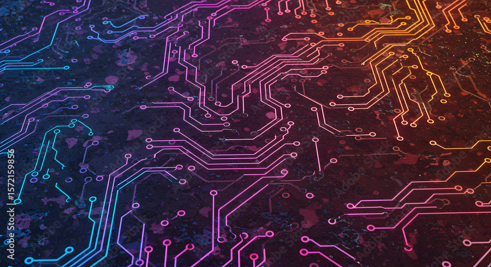 Poster circuit board abstract: a close-up view of an intricately designed circuit board, bathed in vibrant 