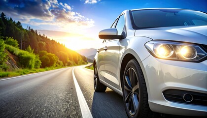 Naklejka premium Silver Car Driving on Scenic Road at Sunset.