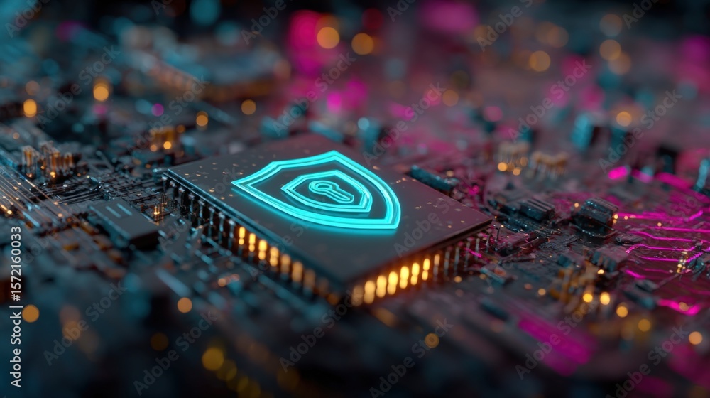 Poster modern computer motherboard with digital security shield icon illuminated in neon blue on circuit bo