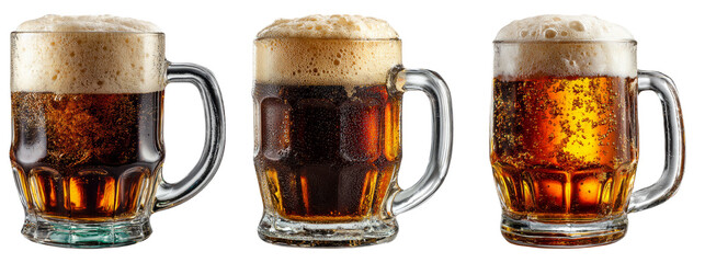 Three Glasses of Beer with Bubbles on a Transparent Background