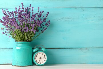 Lavender Bouquet and Vintage Alarm Clock on Teal Wooden Background