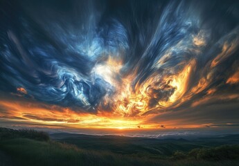 Dramatic sunset painted across the sky, coloring the clouds over mountain ranges