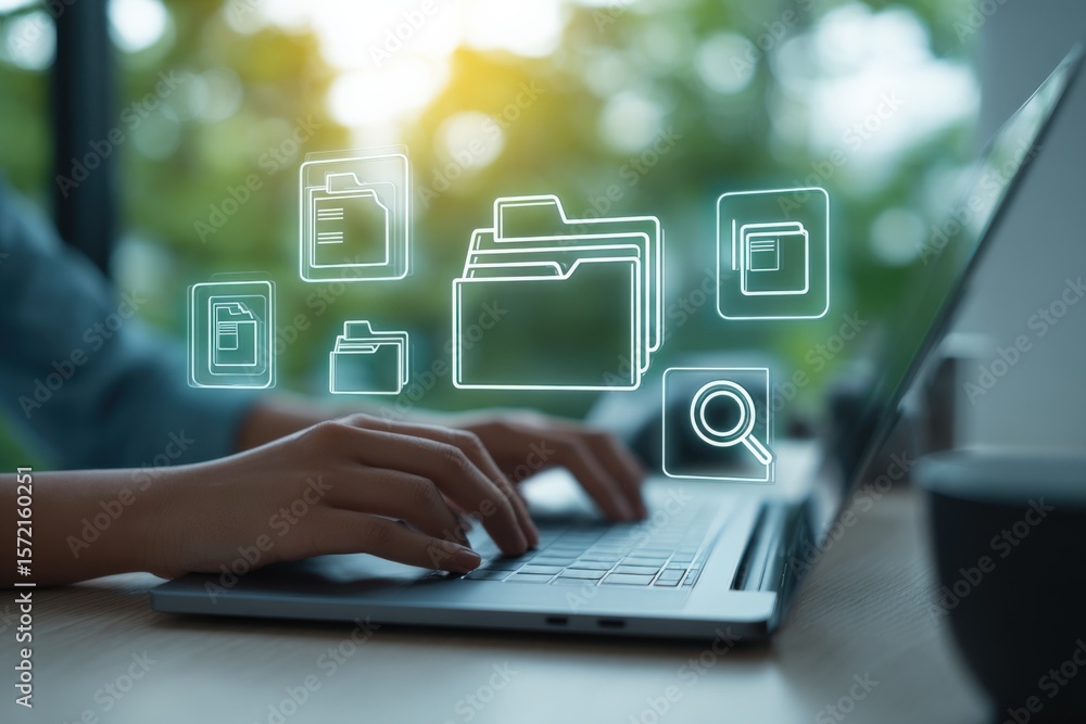 Poster modern digital workspace with person using laptop involving cloud storage icons and online document 