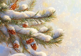 Snow-covered pine branch featuring pine cones, capturing winter's delicate beauty