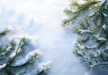 Snow-covered pine branches frame winter landscape