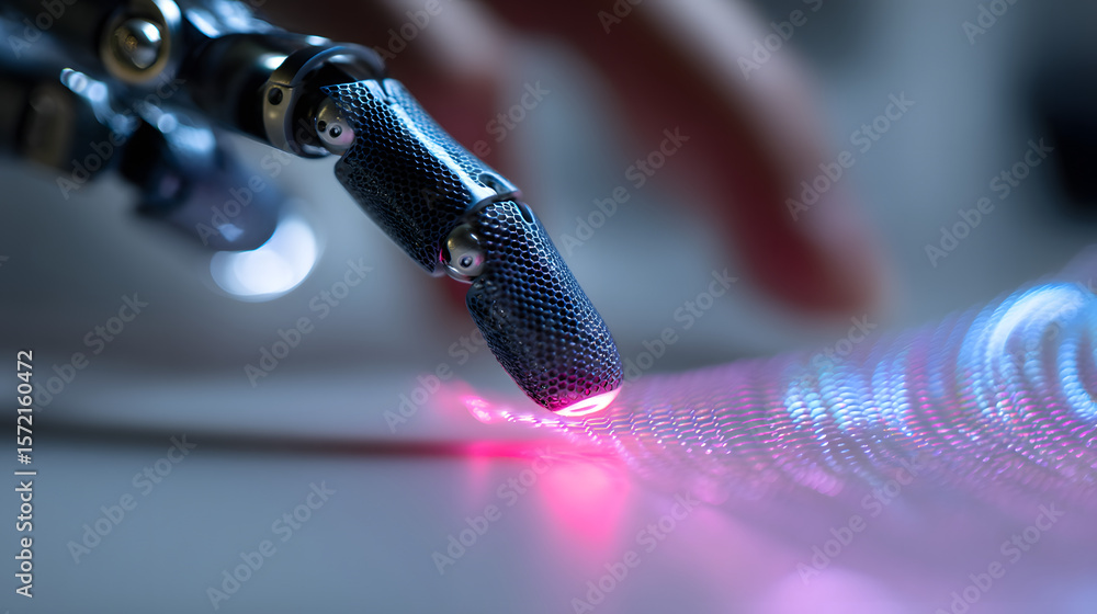 Poster touch of tomorrow: a close-up view shows a robotic hand interacting with a vibrant, futuristic surfa