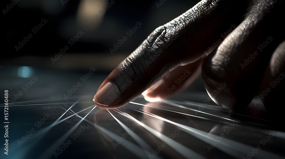 Poster digital interaction: a focused close-up of a finger interacting with a luminous digital interface, l