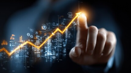 Businessman Touching Digital Upward Arrow Graph Icon with Financial Chart and Cityscape Background for Market Growth and Investment Concept