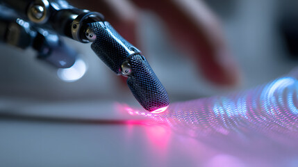 Touch of Tomorrow: A close-up view shows a robotic hand interacting with a vibrant, futuristic surface, symbolizing technological innovation and the fusion of human-machine interfaces.