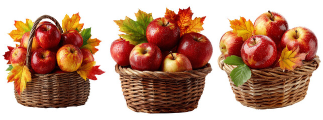 Fresh Red Apples in Baskets with Autumn Leaves on Transparent Background