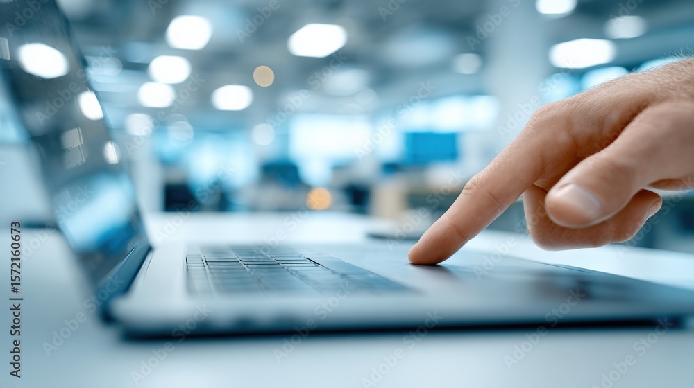 Poster modern laptop computer with hand typing on keyboard in bright airy office workspace with blurred bac