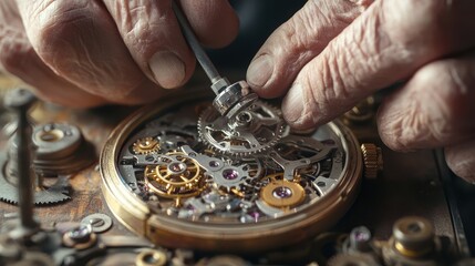 Close-Up of Elderly Watchmaker's Hands Working on Timepiece