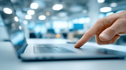 Modern laptop computer with hand typing on keyboard in bright airy office workspace with blurred background and natural light