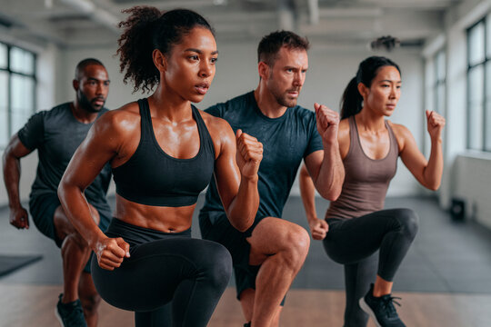 People working out at the gym – fitness training with weights and cardio machines, diverse athletes in modern indoor gym setting