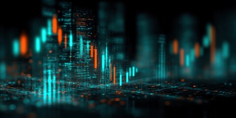 Futuristic digital data visualization with glowing holographic bar graphs and line charts representing financial market analysis