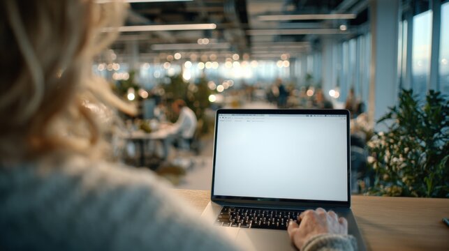 Modern coworking space with large and natural light, people working on laptops in a collaborative open-plan office environment