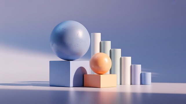 Minimalist still life with pastel geometric shapes and spheres abstract background