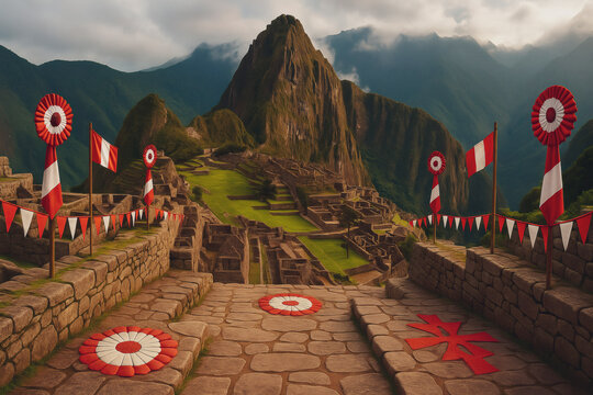 Machu Picchu decorated for Peruvian Independence Day &ndash; 28th of July patriotic celebration with flags and festive elements in the Andes
