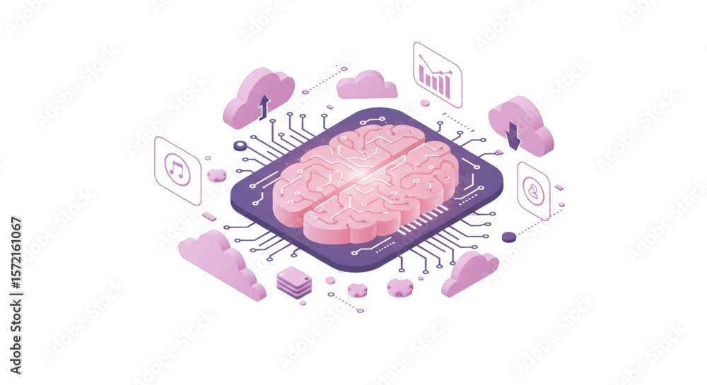 Poster isometric illustration of a brain on a circuit board, surrounded by cloud icons and data visualizati