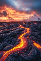 Glowing lava flows across black rock during dramatic sunset over ocean, Hawaii.