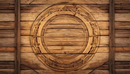 Symmetrical wooden wall design with intersecting triangles and lines in starlike pattern, creating rustic natural look.