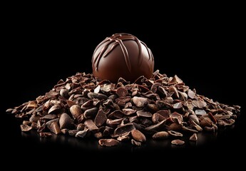 Chocolate truffle rests on pile of cocoa nibs, studio shot on black background