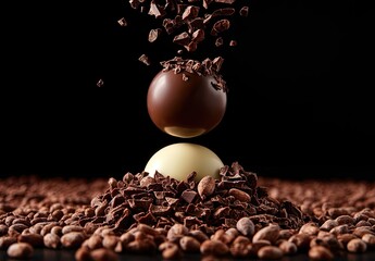 Chocolates floating, dark & white spheres, surrounded by cocoa nibs & beans, on black background.