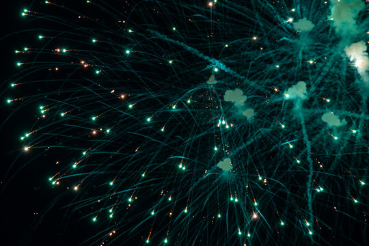 Green fireworks burst in the night sky.