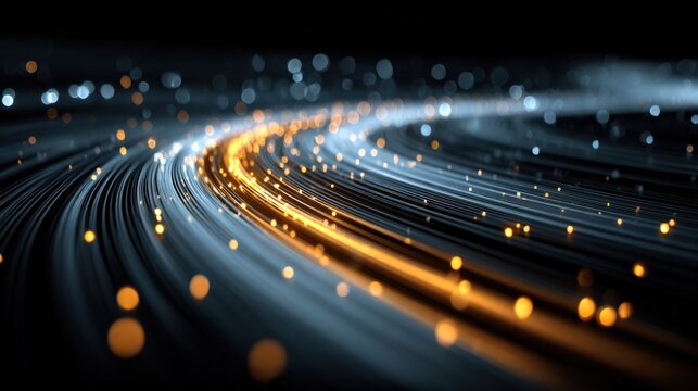 Abstract motion blur of glowing light trails on dark background illustrating speed technology and futuristic data flow visualization
