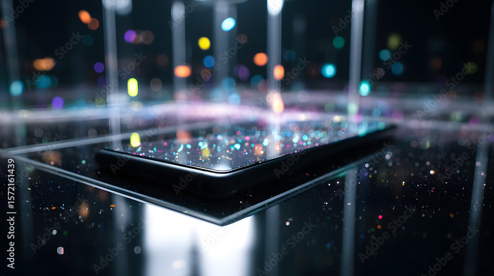 Poster smartphone technology: futuristic smartphone displaying data streams