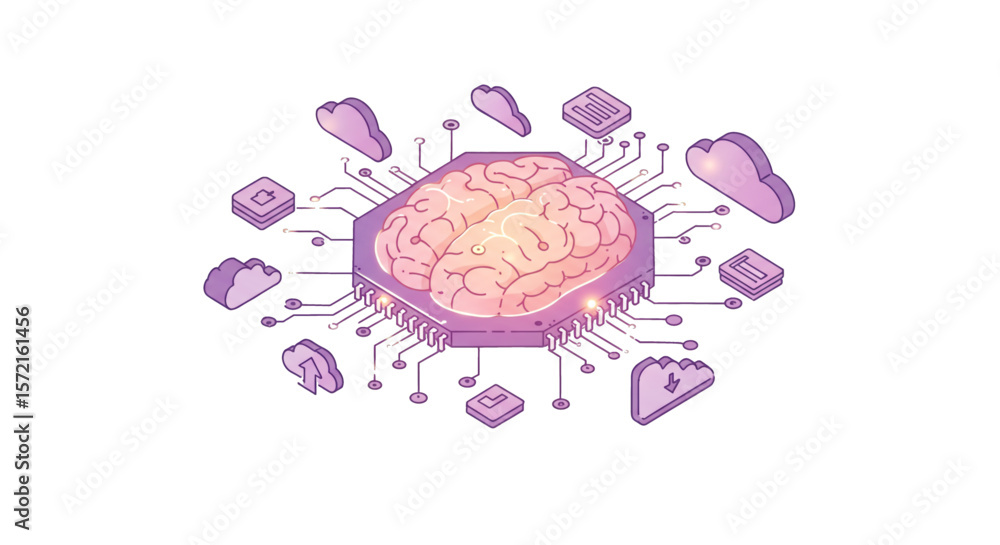 Aufkleber isometric illustration of a brain surrounded by digital cloud computing elements.