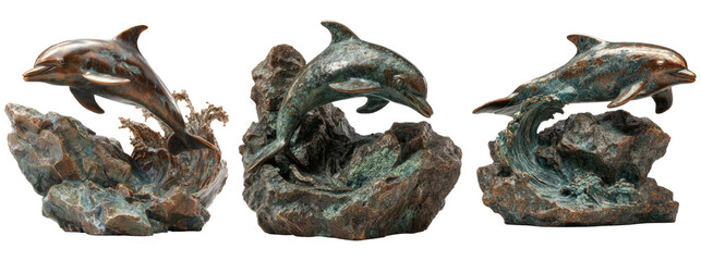 Artistic Dolphin Sculptures in Natural Pose on Transparent Background