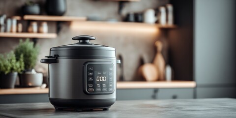 Modern electric pressure cooker with digital touchscreen display and cooking program options on sleek kitchen countertop in contemporary style
