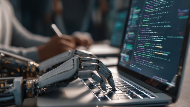 Robotic Hand Typing Code on Laptop in Technology Workspace