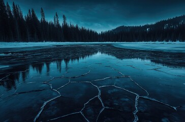 Frozen lake reflects forest at dusk.