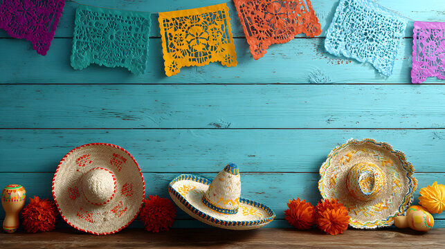 cinco de mayo background, typical mexican decorative elements such as sombreros, maracas, flags, and papel picado flowers are arranged on the edge of the frame,  - Powered by Adobe