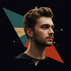 Handsome Man Portrait with Geometric Design Elements on Dark Background