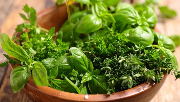 Fresh herbs in a wooden bowl - Powered by Adobe