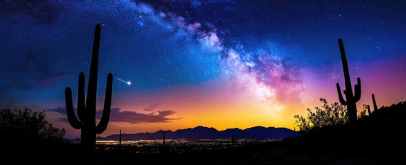 Silhouette cactus under the vibrant Milky Way, starry night sky, looking out over the desert