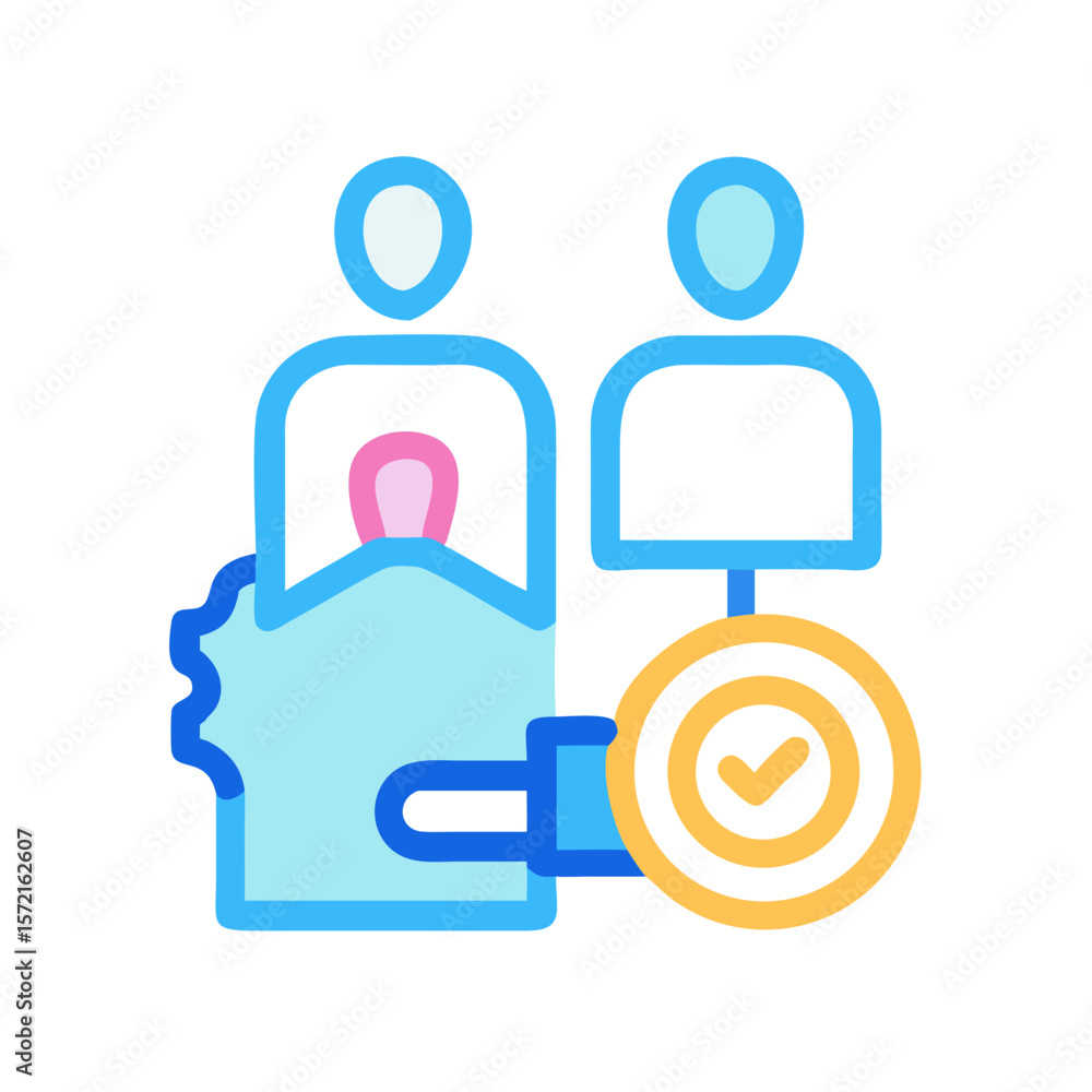 Poster teamwork icon with checkmark symbolizing project completion and progress